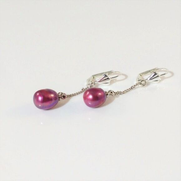 Plum Color Pearl Dangle Earrings - Picture 4 of 4